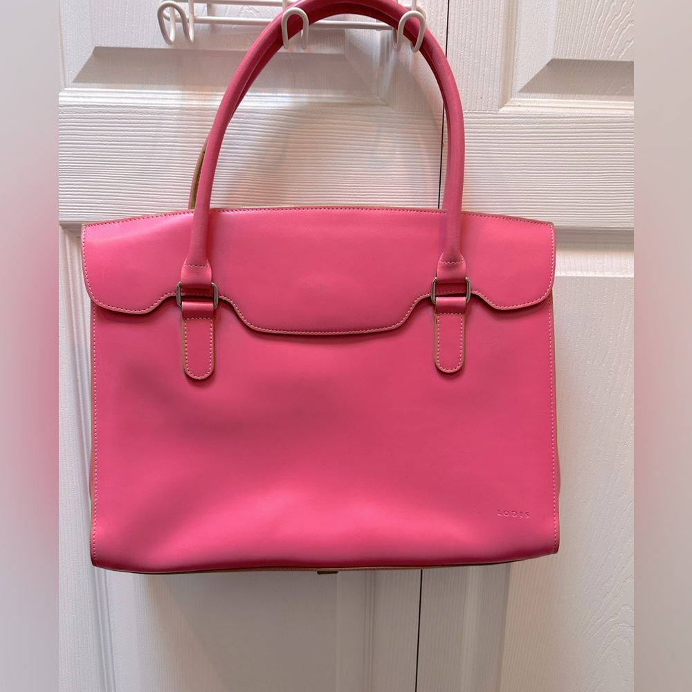 LODIS Pink leather bag with green trim
